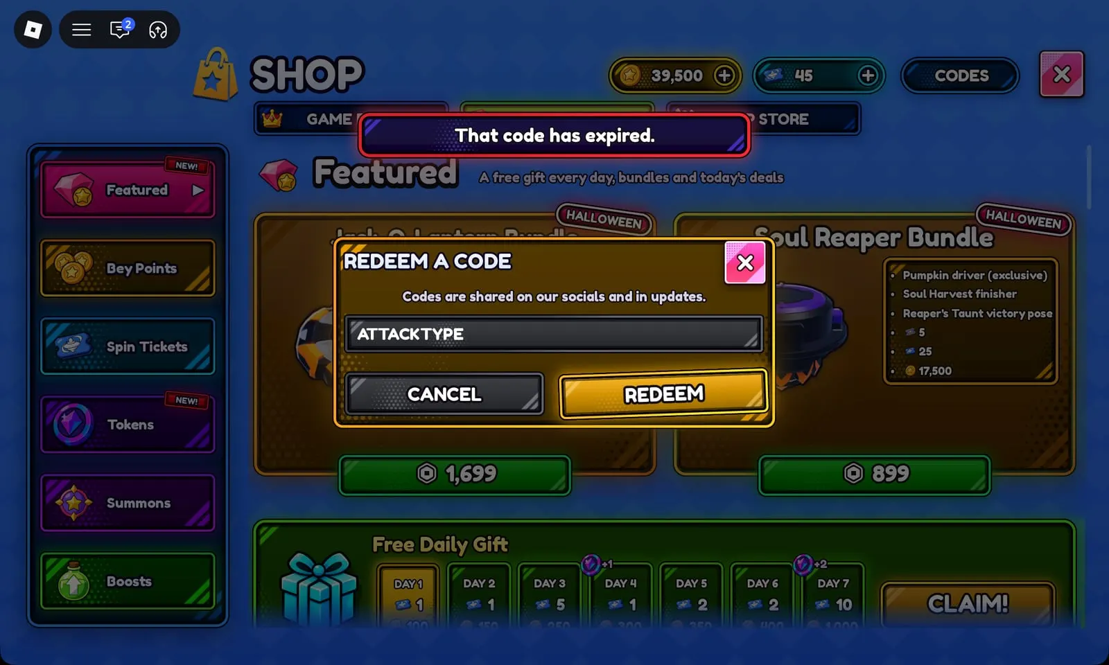Bey Rivals rejecting the old code ATTACKTYPE with the red notice “That code has expired.”