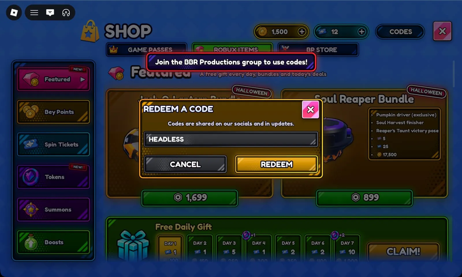 Bey Rivals code HEADLESS rejected with the red notice “Join the BBR Productions group to use codes!”