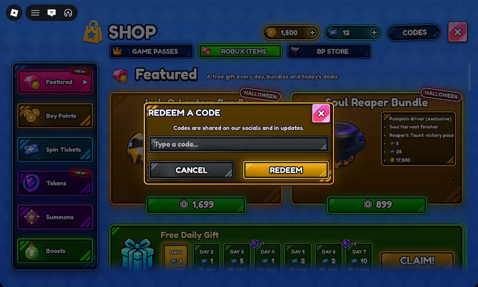 Bey Rivals Redeem a Code box in the Shop: “Codes are shared on our socials and in updates”, with Cancel and Redeem