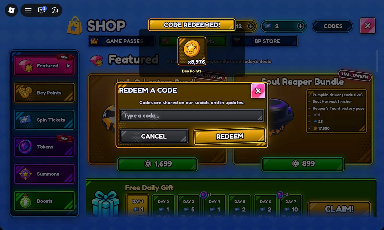 CODE REDEEMED! banner in Bey Rivals after entering HEADLESS, with the Bey Points reward counting up to 10,000