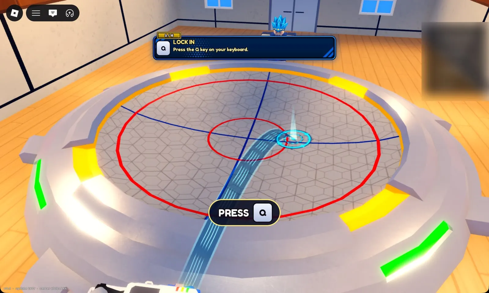 Bey Rivals tutorial “Lock in” prompt: press Q to fix where your bey will land in the stadium