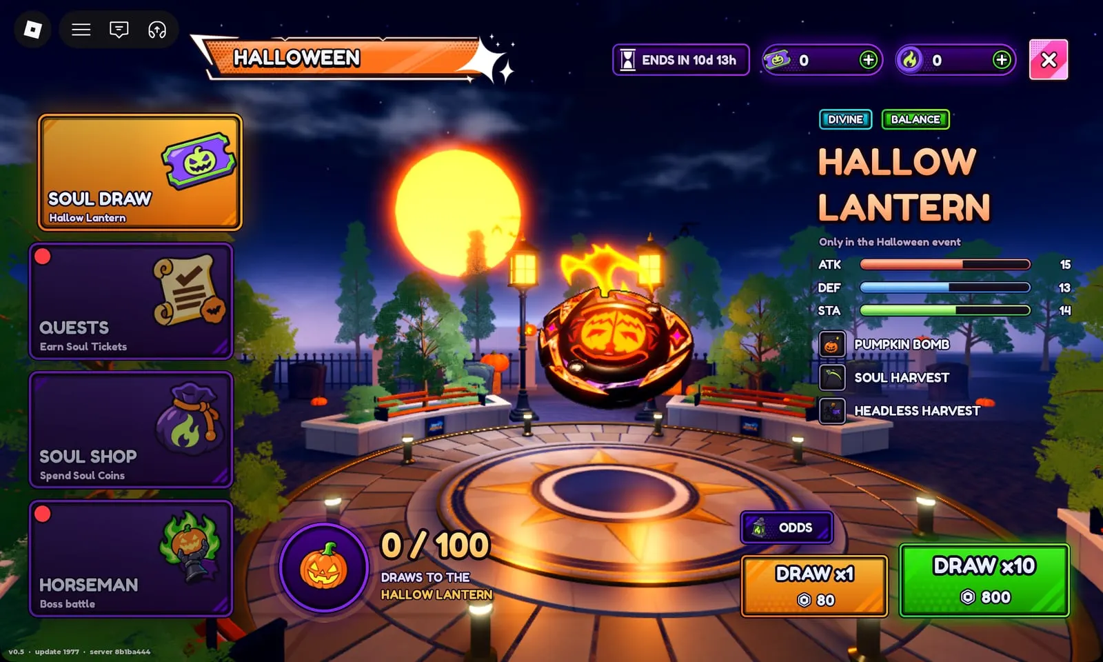 Bey Rivals Halloween Soul Draw: Divine Balance layer Hallow Lantern, 0/100 draws, Draw x1 for 80 Robux