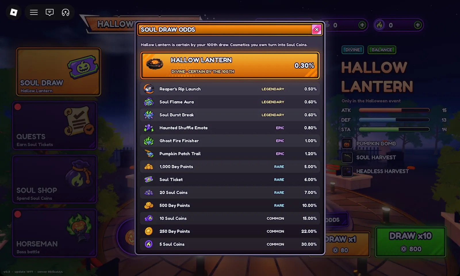 Bey Rivals Soul Draw odds: Hallow Lantern 0.30%, certain by the 100th draw, down to 5 Soul Coins at 30%