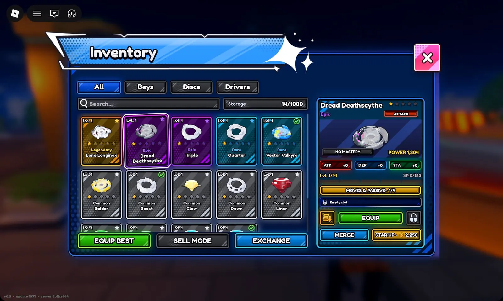Dread Deathscythe Epic Attack layer in the Bey Rivals inventory: level 1/14, Power 1,304, star up 2,250 BP