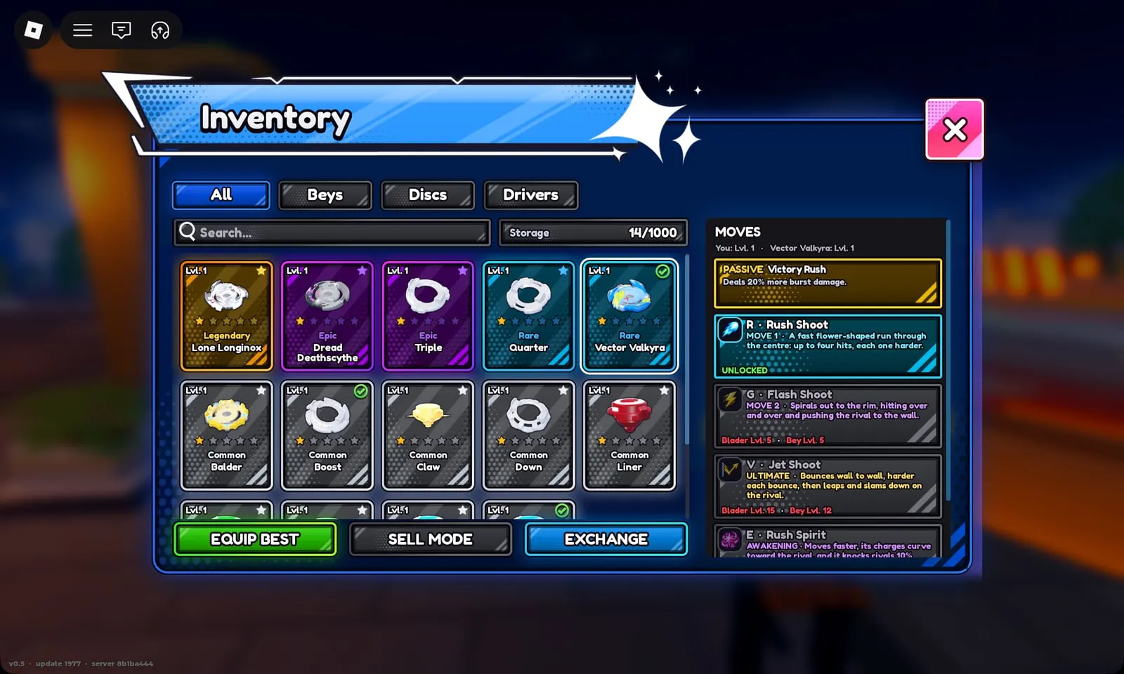 Vector Valkyra moves in Bey Rivals: Victory Rush passive, Rush Shoot, Flash Shoot, Jet Shoot ultimate, Rush Spirit