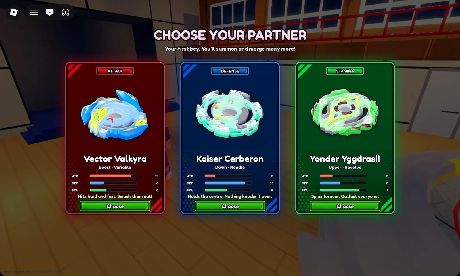 Bey Rivals Choose Your Partner screen: Vector Valkyra (Attack), Kaiser Cerberon (Defense), Yonder Yggdrasil (Stamina)