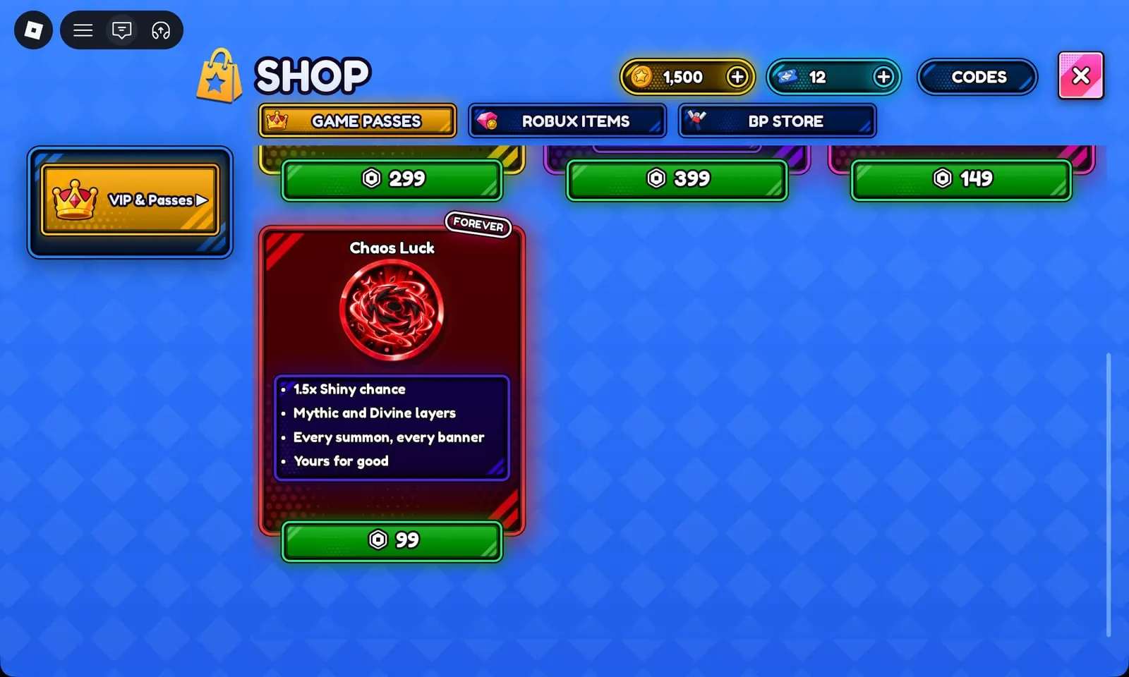 Chaos Luck game pass in Bey Rivals for 99 Robux: 1.5x Shiny chance on Mythic and Divine layers, every banner