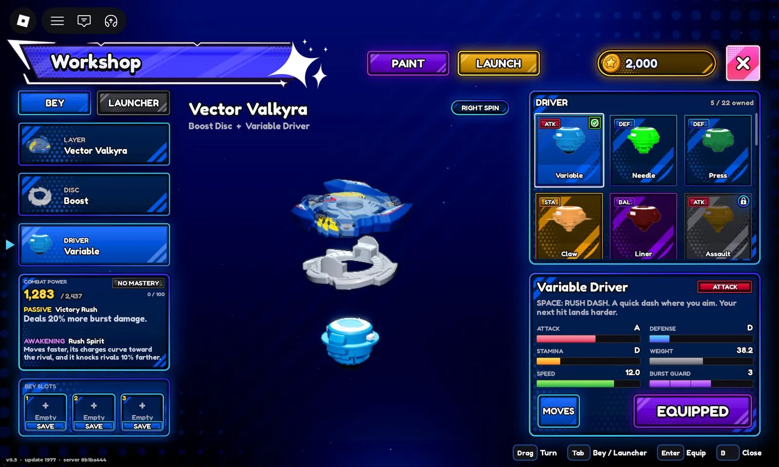 Bey Rivals Workshop Variable Driver: Space for Rush Dash, a quick dash where you aim that makes your next hit harder